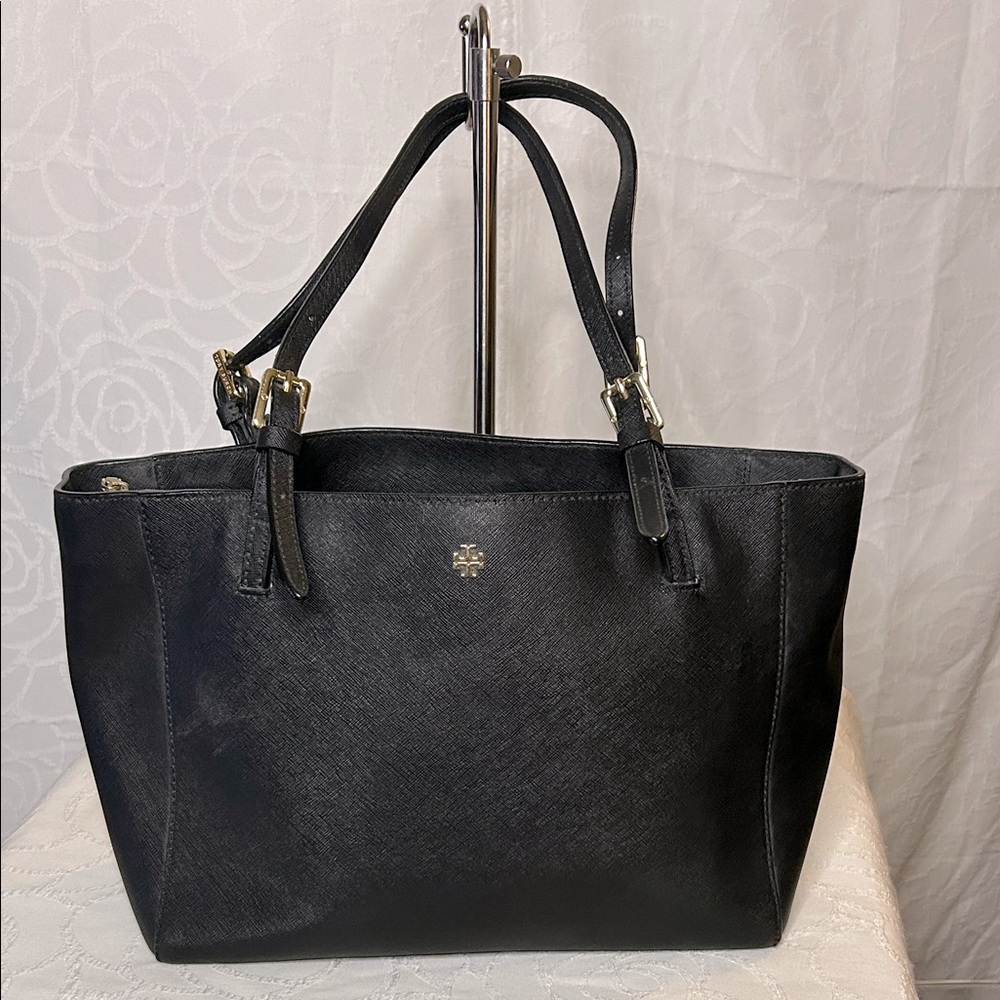 TORY BURCH black York Buckle Saffiano leather tote Bag.